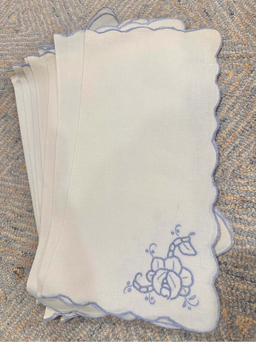 Dinner Napkins with Blue Embroidered Rose and Scalloped Edges Set of 12